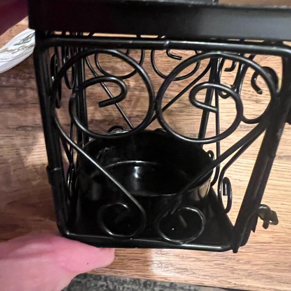 Mid-Century Modern Metal Black Bird House Cage Tea Light Hanging Lantern w/Stand - Picture 8 of 9